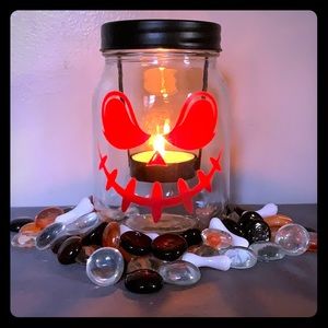 red Pumpkin Face Mason Jar Candle Holder